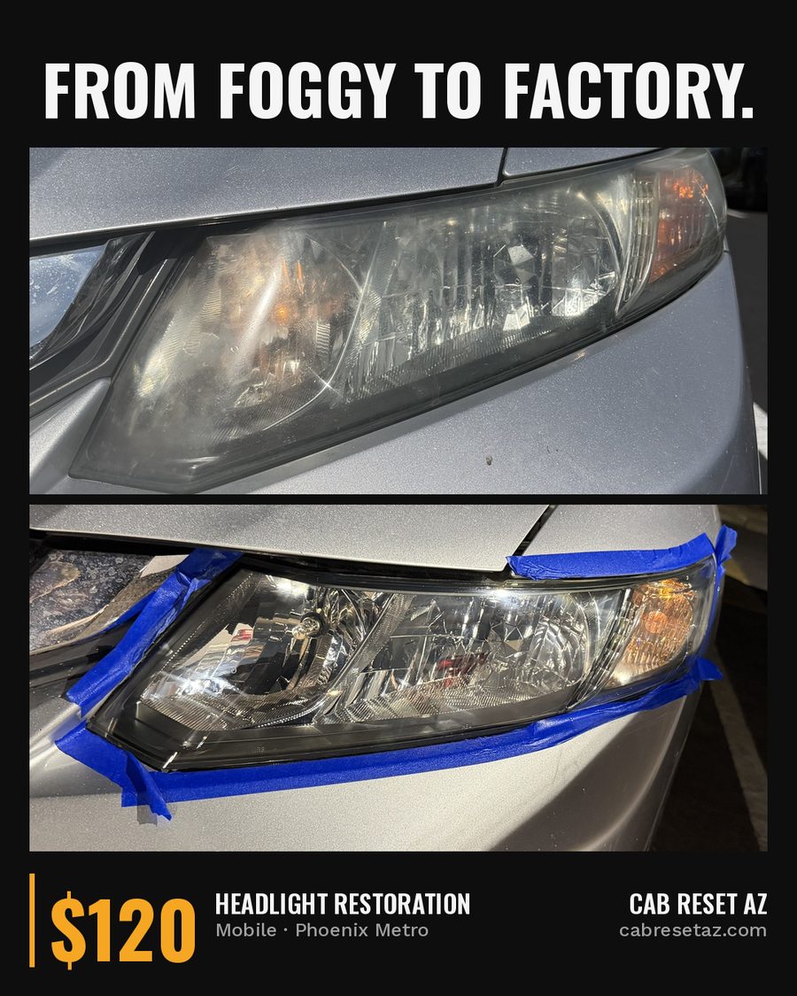 Cab Reset AZ social post — headlight restoration before and after